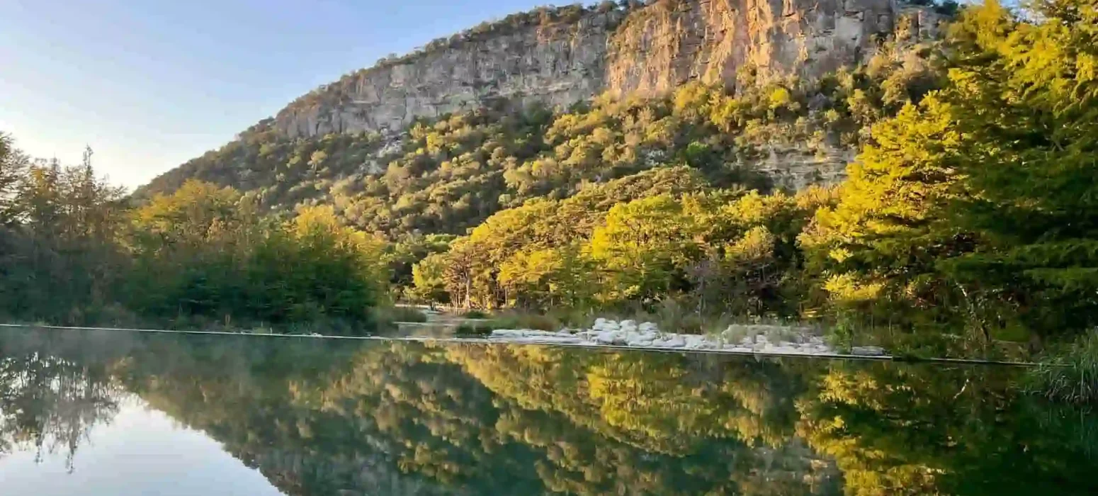 a large body of calm water surrounded by trees
